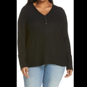 Black Henley Thermal Waffle Button Front Long Sleeve Top NWT